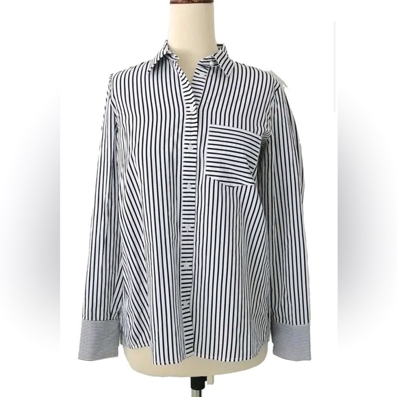 ZARA Basic Navy and White Striped button down pearl button shirt Stripes - Picture 1 of 7